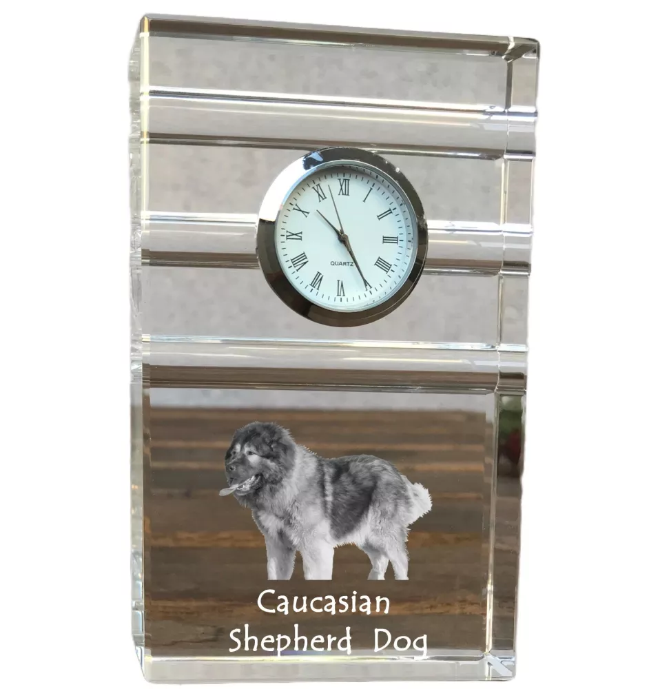 Caucasian Shepherd Dog, Caucasian Ovcharka - glass clock with a photo, photo of a dog in crystal, personalized standing office clock by Art-Dog brand