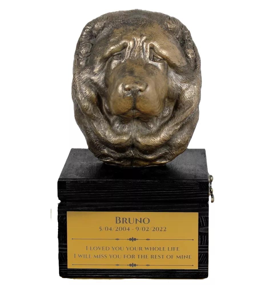 Kaukasischer Schäferhund, Kaukasischer Owtscharka - eine Urne mit Gravur und Hundeskulptur, letzter Abschied, handgefertigtes Produkt der Marke Art-Dog
