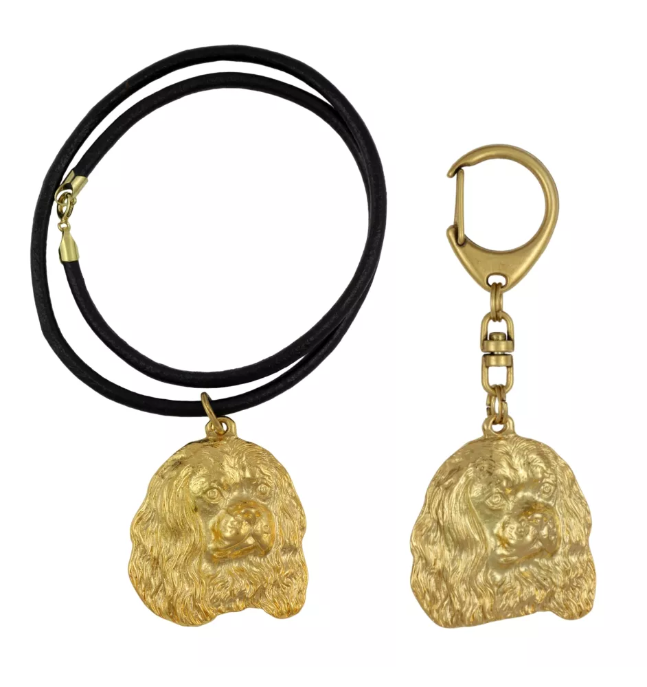 Cavalier King Charles Spaniel - porte-clés et collier avec chien dans une boîte, produit plaqué or de haute qualité, marque Art-Dog