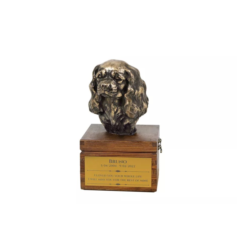 Cavalier King Charles Spaniel - an urn with an engraving and a sculpture of a dog, a handmade product by the Art-Dog brand.