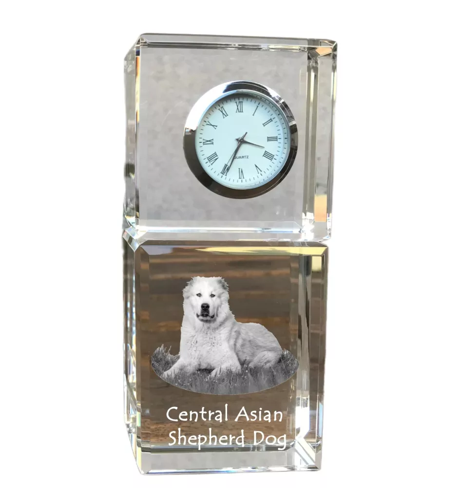 Mittelasiatischer Schäferhund, Zentralasiatischer Owtscharka - Kristalluhr mit Foto, Hundebild im Kristall, personalisierte Schreibtischuhr von Art-Dog.