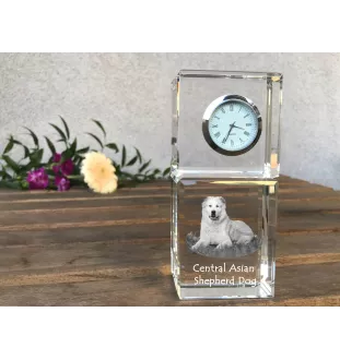 Mittelasiatischer Schäferhund, Zentralasiatischer Owtscharka - Kristalluhr mit Foto, Hundebild im Kristall, personalisierte Schreibtischuhr von Art-Dog.