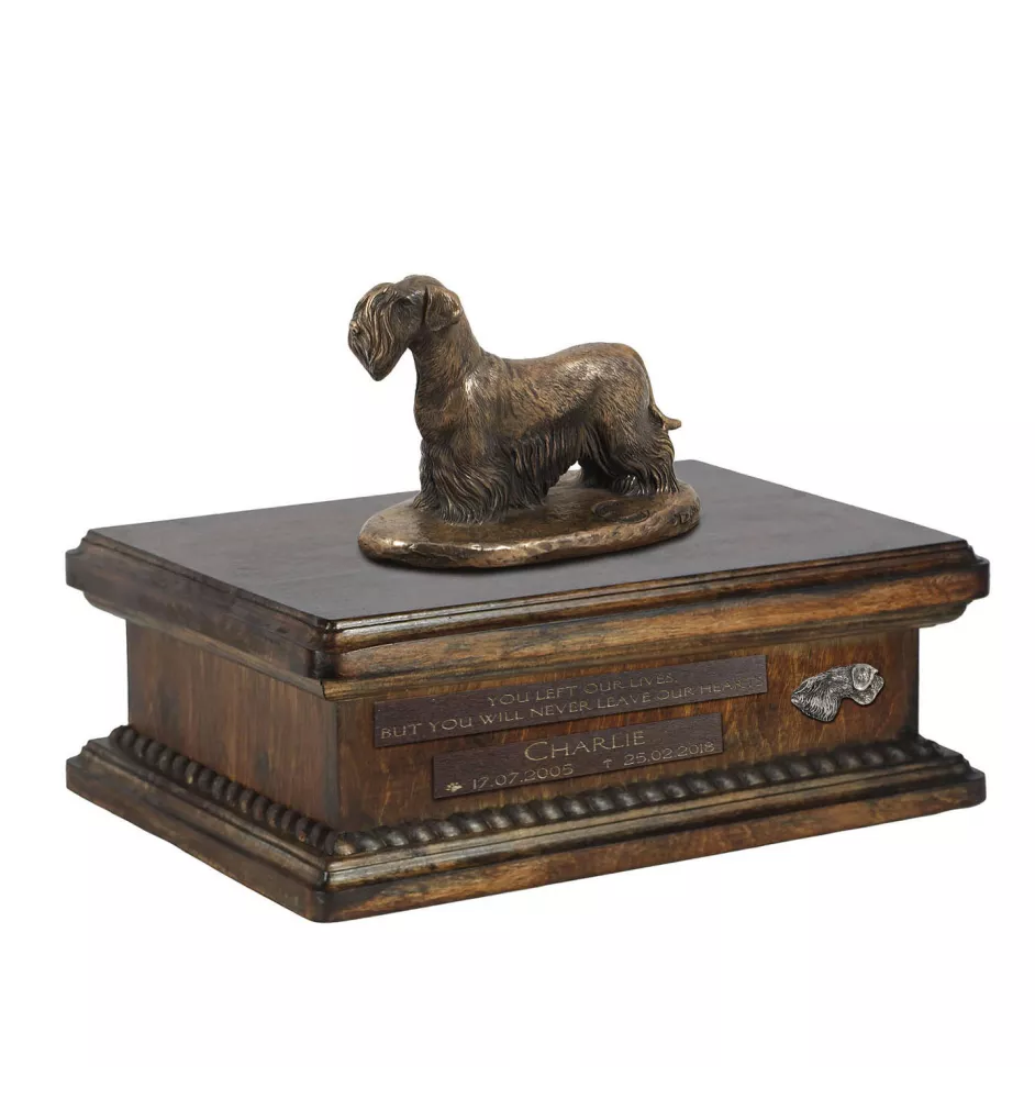 Cesky Terrier, Czech Terrier, Bohemian Terrier - urn for dog ashes, personalized urn with a statue, wooden urn with a dog by Art-Dog brand