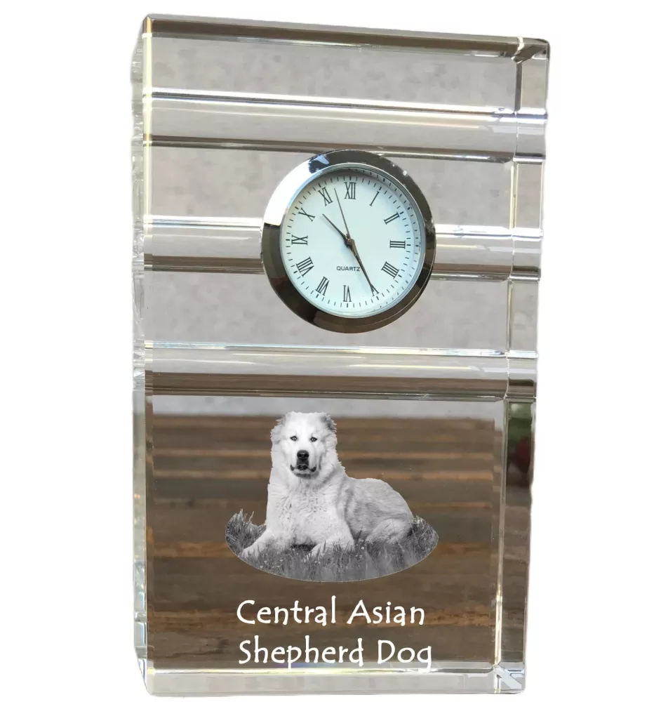 Mittelasiatischer Schäferhund, Zentralasiatischer Owtscharka - Glasuhr mit Foto, Foto eines Hundes im Kristall, personalisierte Tischuhr für das Büro der Marke Art-Dog