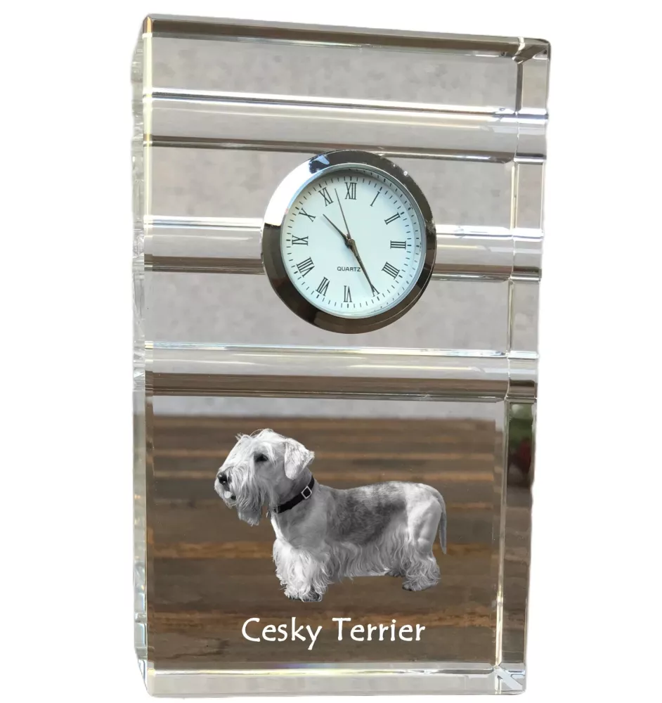 Tschechischer Terrier,   Böhmischer Terrier, Český Teriér - Glasuhr mit Foto, Foto eines Hundes im Kristall, personalisierte Tischuhr für das Büro der Marke Art-Dog