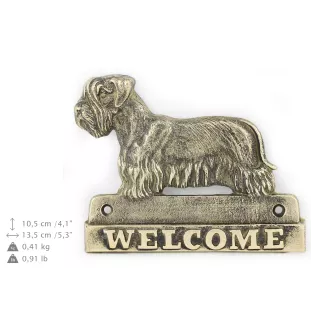 Terrier Tchèque, Cesky Terrier - une plaque de porte avec un chien, une plaque de bienvenue en laiton, une enseigne exceptionnelle avec l'inscription Welcome de la marque Art-Dog