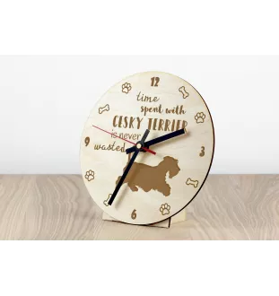Terrier Tchèque, Cesky Terrier - horloge avec chien, horloge en bois, horloge murale pour les amoureux des chiens, horloge de bureau et étagère, Art-Dog