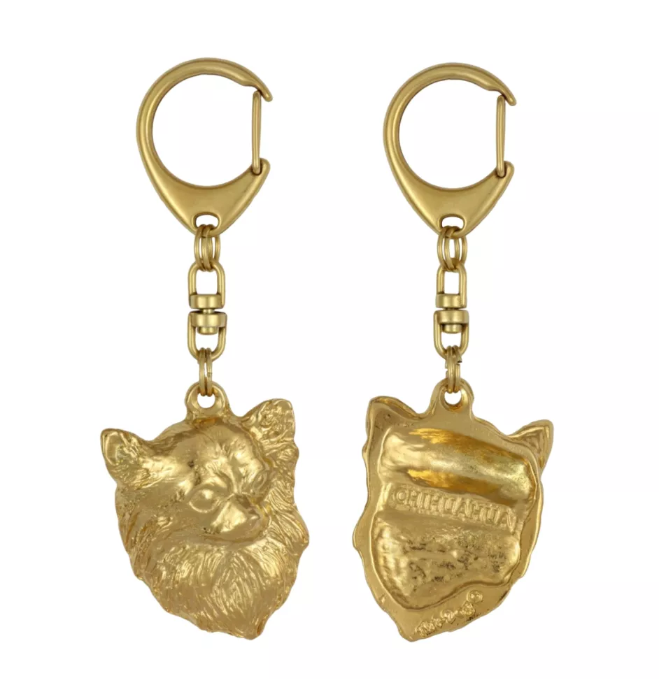 Chihuahua Langhaar - Vergoldeter Schlüsselanhänger mit Hund, Handtaschenschmuck, Luxus-Accessoire der Marke Art-Dog