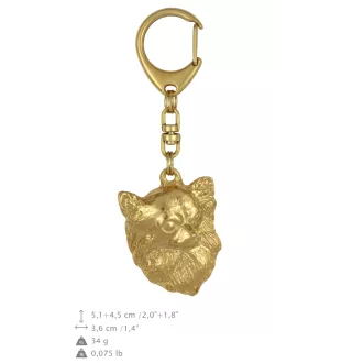 Chihuahua à poil long - Porte-clés doré avec chien dans boîte cadeau, décoration de sac à main, accessoire de luxe de la marque Art-Dog