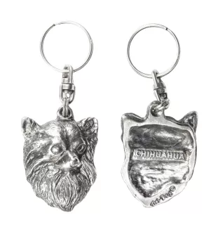 Chihuahua à poil long - Pendentif argenté avec un chien dans une boîte décorative, décoration de sac à main, pendentif de sac à dos par la marque Art-Dog