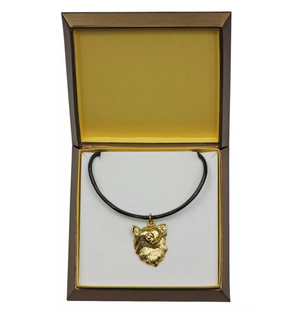 Chihuahua Langhaar - Hundehalsband in Geschenkbox, vergoldeter Anhänger für Hundefans, auffälliger Schmuck von Art-Dog