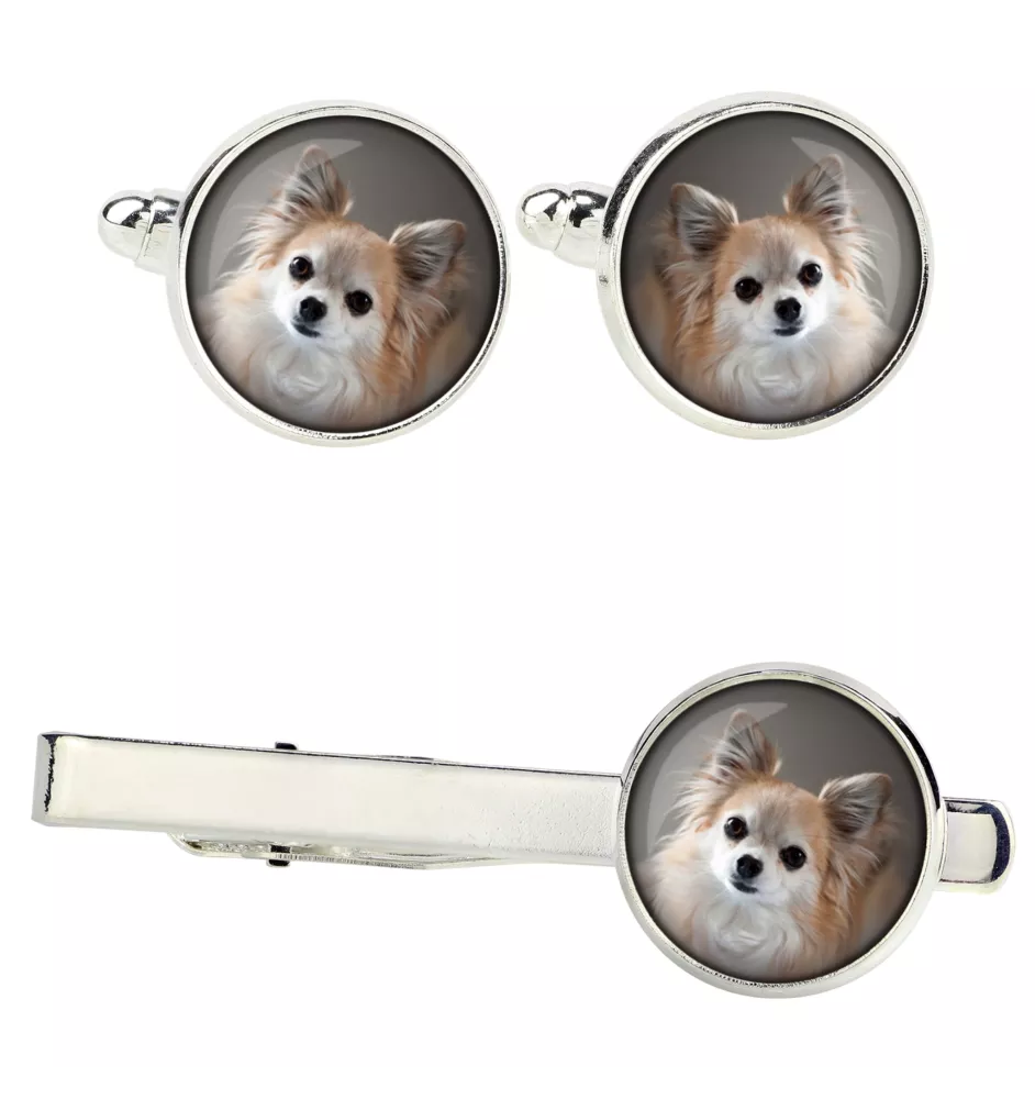 Chihuahua Langhaar Ärmelknöpfe und Krawatte mit Ihrem Foto, Anzugaccessoire, Herrenschmuck der Marke Art-Dog