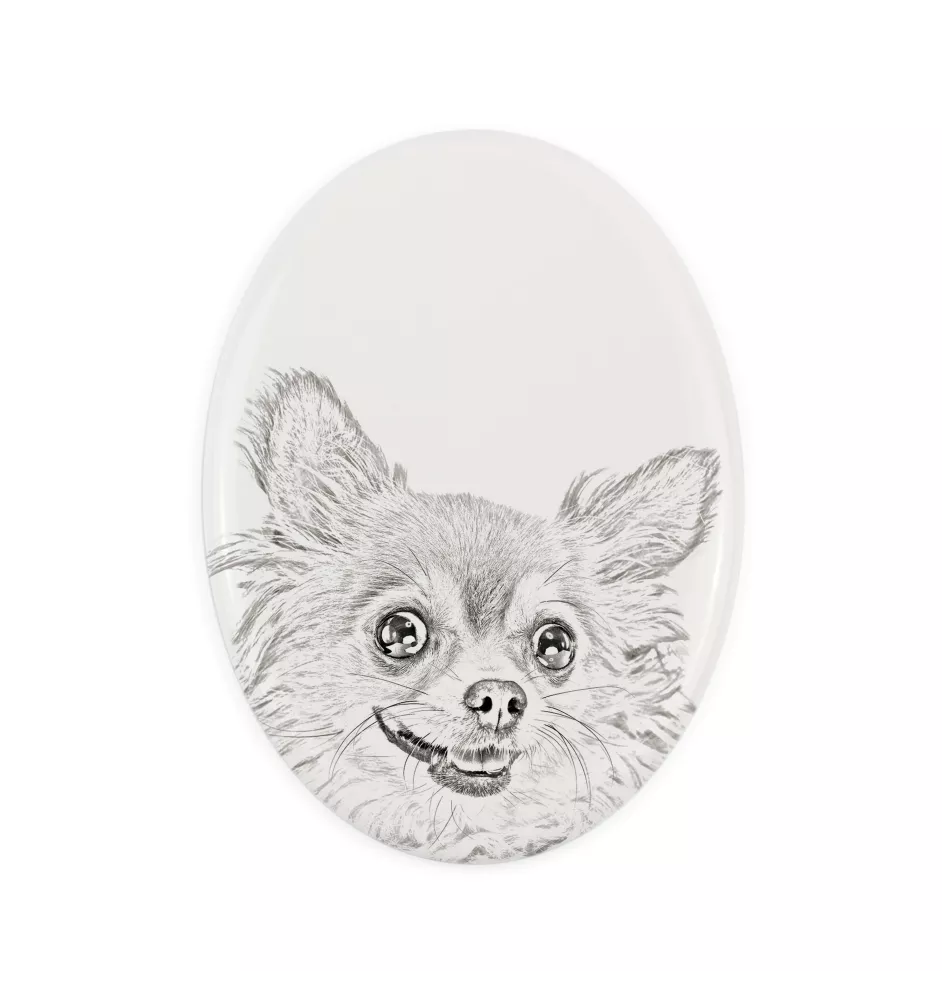 Chihuahua long-haired - commemorative plaque with a photo of a dog, tombstone with a print, personalized oval plaque from the Art-Dog brand
