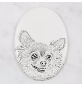 Chihuahua Langhaar - Gedenktafel mit einem Foto eines Hundes, Grabplatte mit Druck, personalisierte ovale Platte der Marke Art-Dog
