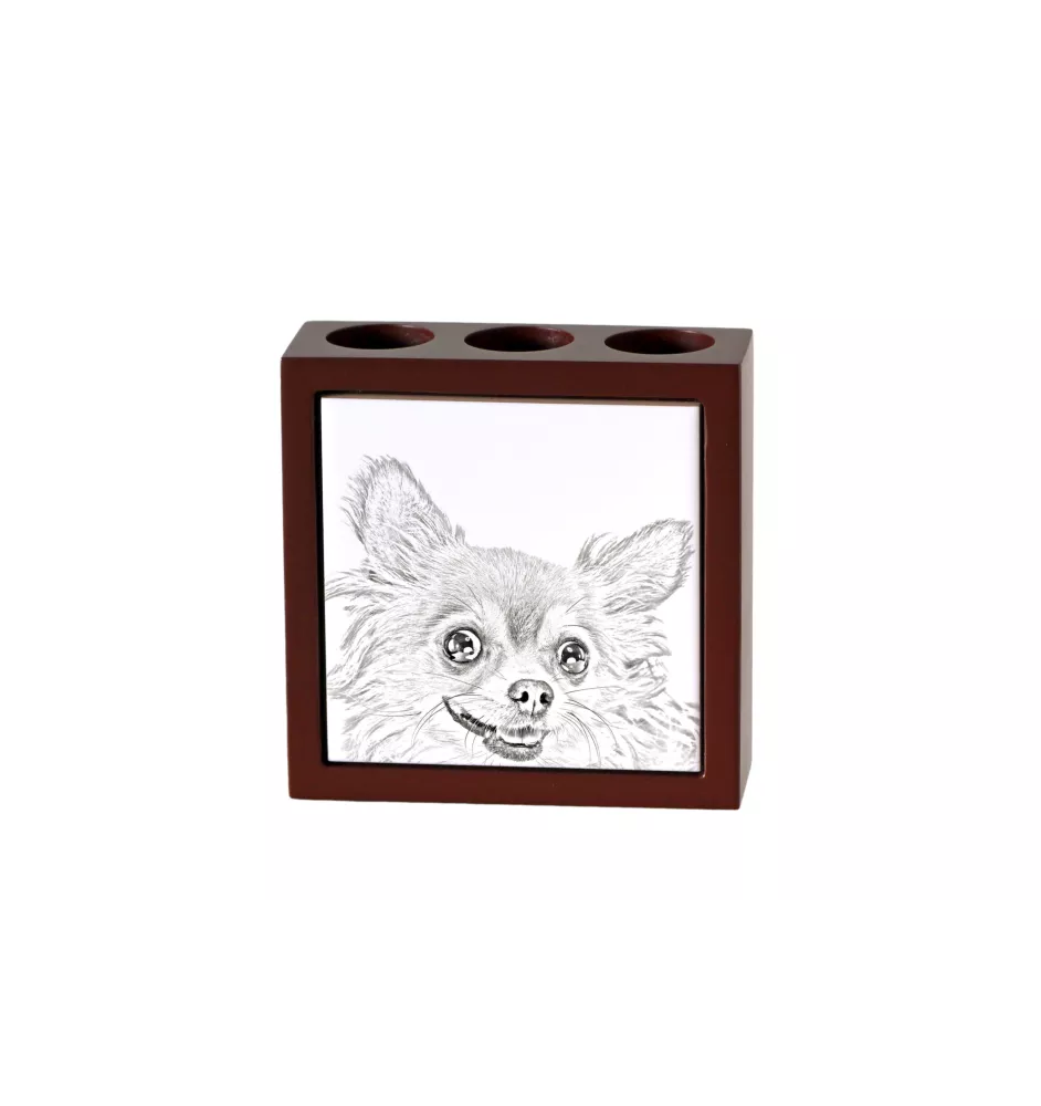 Chihuahua Langhaar - Stifthalter mit Hund, Schreibtischorganizer mit Aufdruck, personalisierte Schreibtischdekoration der Marke Art-Dog