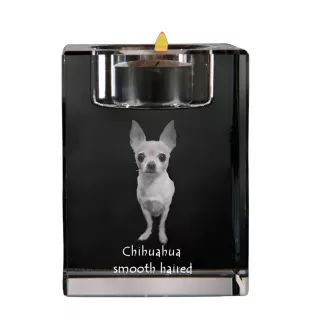 Chihuahua à poil long - Bougeoir avec photo de chien, porte bougie en cristal, cadeau personnalisé par la marque Art-Dog