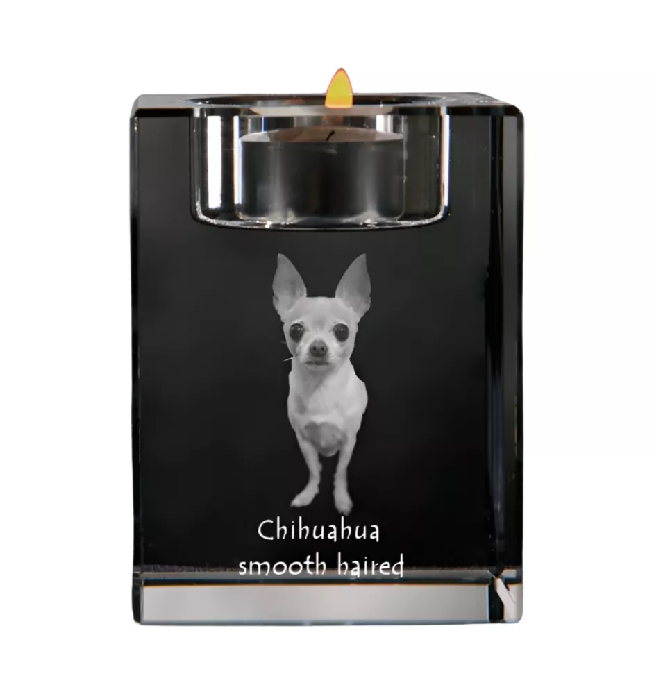 Chihuahua Langhaar - Kerzenhalter mit Hundefoto, Teelichthalter aus Kristall, personalisiertes Geschenk der Marke Art-Dog