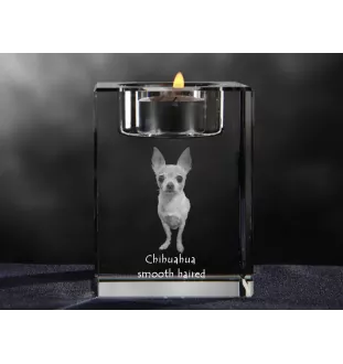 Chihuahua à poil long - Bougeoir avec photo de chien, porte bougie en cristal, cadeau personnalisé par la marque Art-Dog