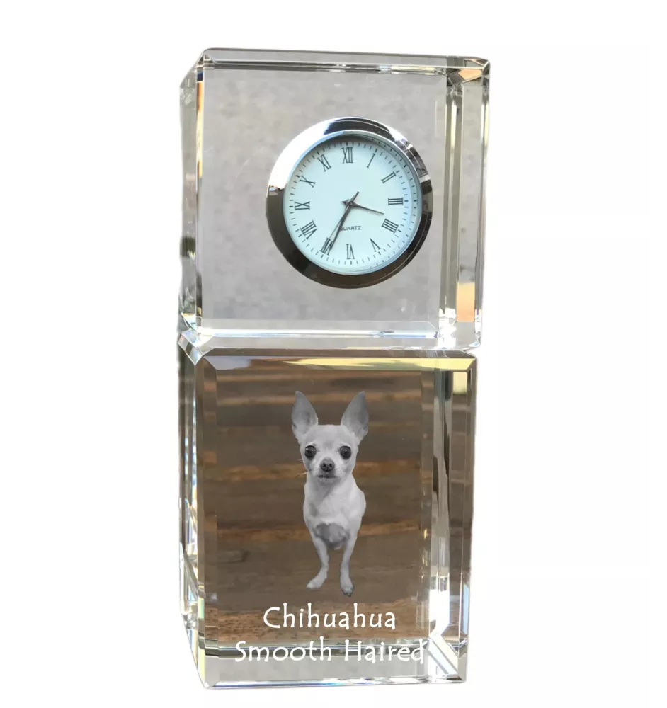 Chihuahua Langhaar - Kristalluhr mit Foto, Hundebild im Kristall, personalisierte Schreibtischuhr von Art-Dog.