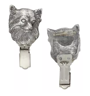 Chihuahua Langhaar - Brosche mit Clip, Startnummernhalter, versilberte Anstecknadel für Hundeausstellungen der Marke Art-Dog