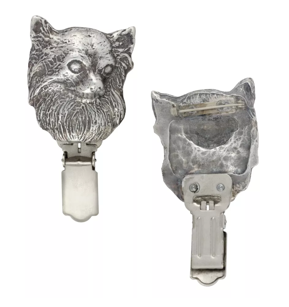 Chihuahua long-haired - brooch with a clip, holder for a start number, silver-plated dog show pin from the Art-Dog brand