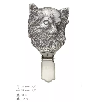 Chihuahua Langhaar - Brosche mit Clip, Startnummernhalter, versilberte Anstecknadel für Hundeausstellungen der Marke Art-Dog
