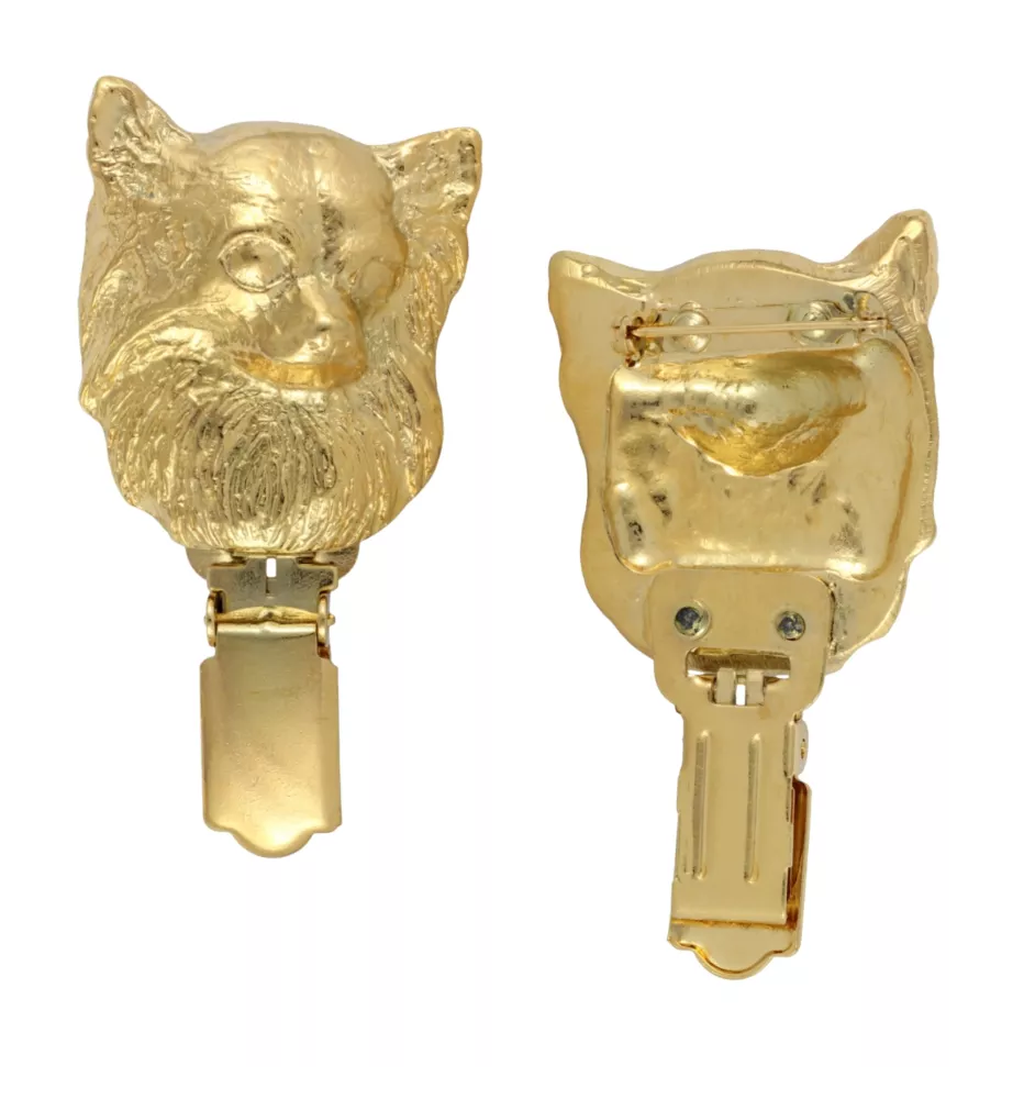 Chihuahua long-haired I - brooch with a clip, gold-plated holder for a race number, elegant dog show pin from Art-Dog brand