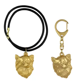 Chihuahua Langhaar - Schlüsselanhänger und Halskette mit Hund in einer Box, vergoldetes Produkt von hoher Qualität, Marke Art-Dog