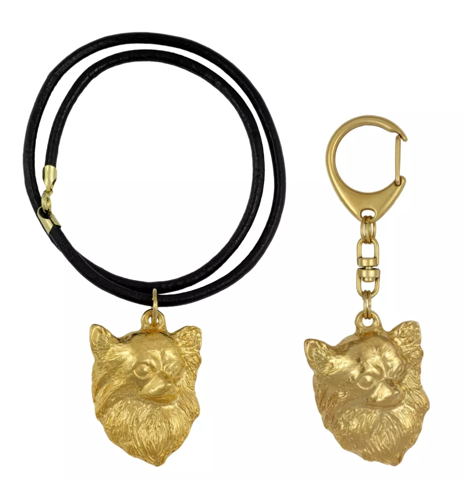 Chihuahua Langhaar - Schlüsselanhänger und Halskette mit Hund in einer Box, vergoldetes Produkt von hoher Qualität, Marke Art-Dog