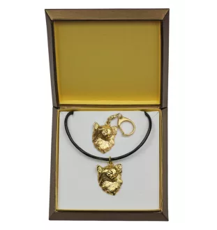 Chihuahua long-haired - keychain and necklace with a dog in a box, high-quality gold-plated product, Art-Dog brand