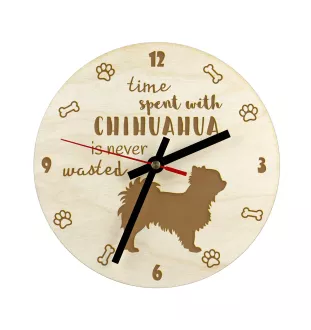 Chihuahua à poil long - horloge avec chien, horloge en bois, horloge murale pour les amoureux des chiens, horloge de bureau et étagère, Art-Dog