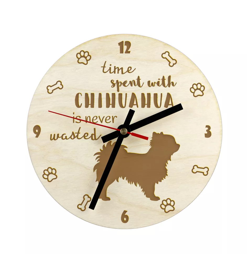 Chihuahua long-haired - clock with a dog, wooden clock, wall clock for dog lovers, clock for desk and shelf, Art-Dog