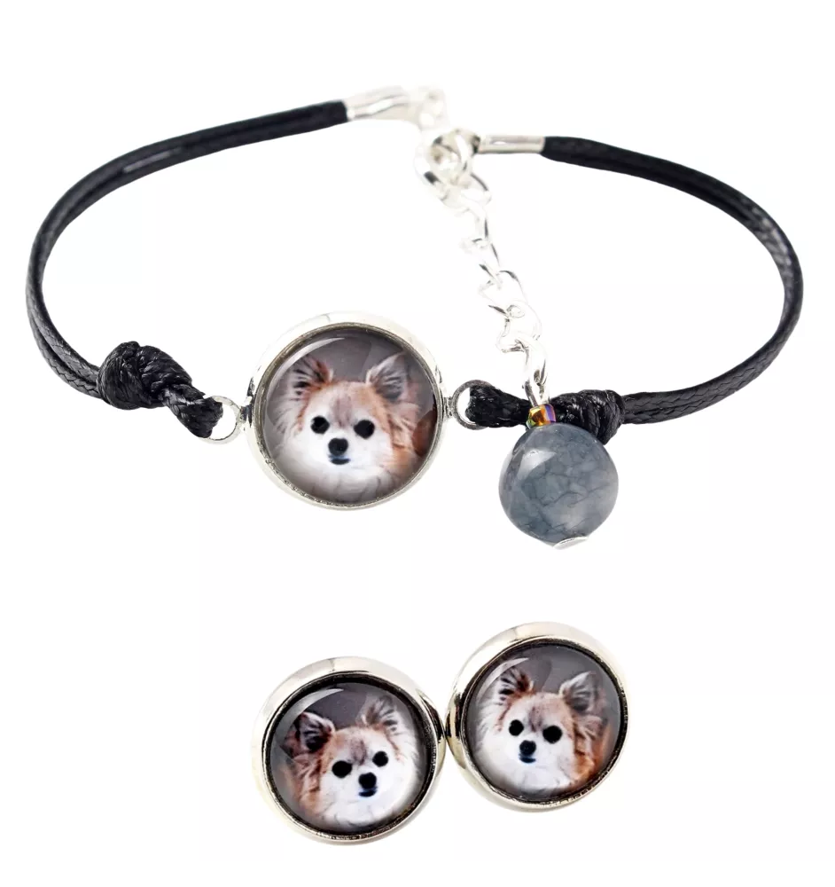 Chihuahua długowłosy bransoletka i kolczyki ze zdjęciem Art-Dog