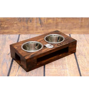 Chihuahua long-haired - wooden stand with bowls for a dog, steel dog bowls, a gift for adopting a dog from the Art-Dog brand