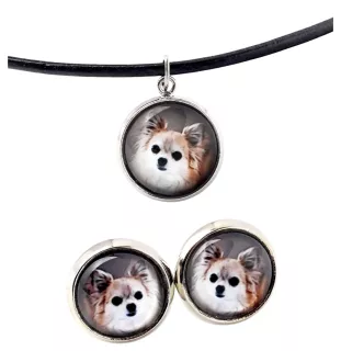 Chihuahua long-haired - jewelry with your photo box, set of necklace and earrings, personalized products from the Art-Dog brand
