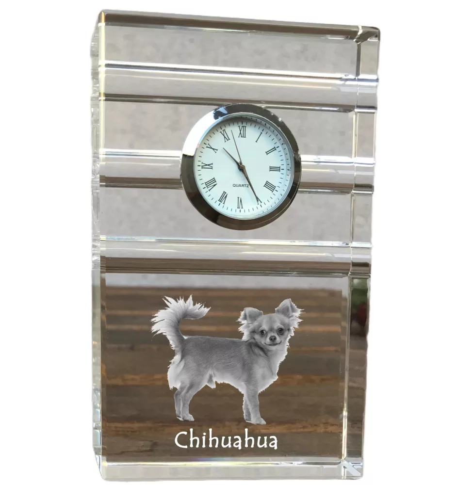 Chihuahua Kurzhaar I - Glasuhr mit Foto, Foto eines Hundes im Kristall, personalisierte Tischuhr für das Büro der Marke Art-Dog