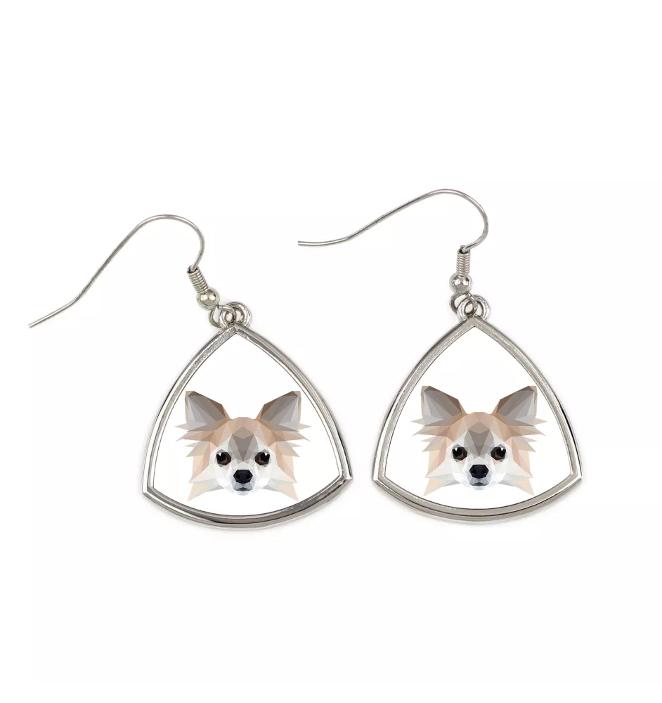 Chihuahua à poil long - boucles d'oreilles avec une photo et un motif de chien géométrique Art-Dog