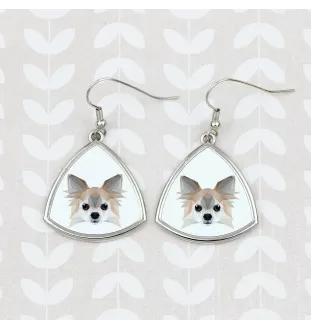 Chihuahua à poil long - boucles d'oreilles avec une photo et un motif de chien géométrique Art-Dog