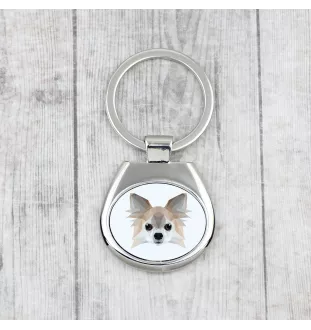 Chihuahua Langhaar - geometrischer Schlüsselanhänger mit Foto und Aufschrift Art-Dog