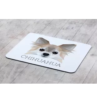 Chihuahua Langhaar - geometrisches Mauspad mit Bild und Aufschrift von Art-Dog