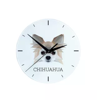 Chihuahua Langhaar - geometrische Wanduhr mit Bild und Aufschrift der Marke Art-Dog