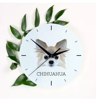 Chihuahua Langhaar - geometrische Wanduhr mit Bild und Aufschrift der Marke Art-Dog