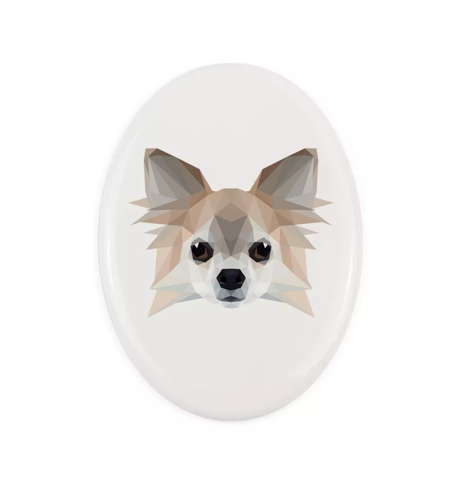 Chihuahua à poil long - une plaque avec une photo et un motif géométrique de la marque Art-Dog