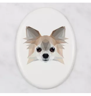 Chihuahua à poil long - une plaque avec une photo et un motif géométrique de la marque Art-Dog