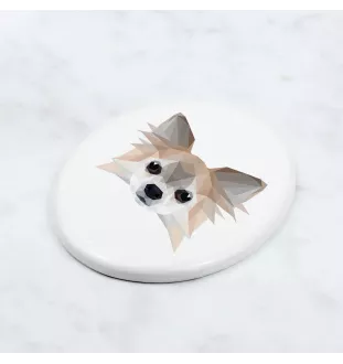 Chihuahua à poil long - une plaque avec une photo et un motif géométrique de la marque Art-Dog