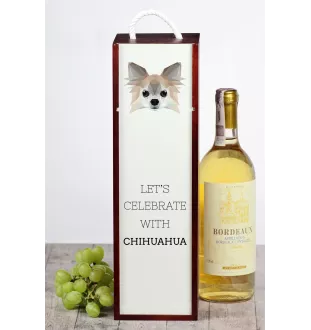 Chihuahua Langhaar - geometrische Box mit einem Bild und Schriftzug für Wein der Marke Art-Dog