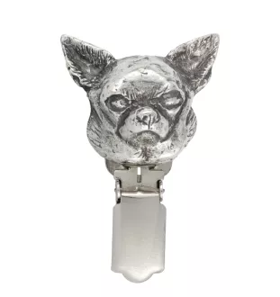 Chihuahua Kurzhaar I - Brosche mit Clip, Startnummernhalter, versilberte Anstecknadel für Hundeausstellungen der Marke Art-Dog
