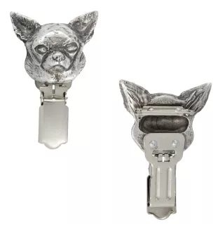 Chihuahua short-haired, Chihuahua smooth I - brooch with a clip, holder for a start number, silver-plated dog show pin from the Art-Dog brand