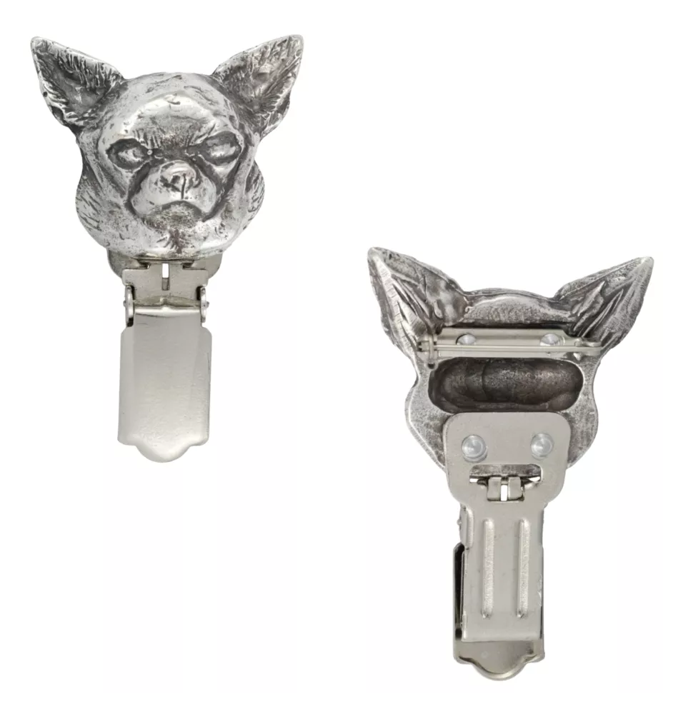 Chihuahua short-haired, Chihuahua smooth I - brooch with a clip, holder for a start number, silver-plated dog show pin from the Art-Dog brand