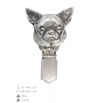 Chihuahua short-haired, Chihuahua smooth I - brooch with a clip, holder for a start number, silver-plated dog show pin from the Art-Dog brand